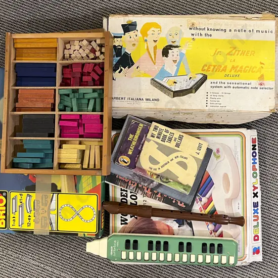 Box of Assorted Vintage Toys & Musical Instruments