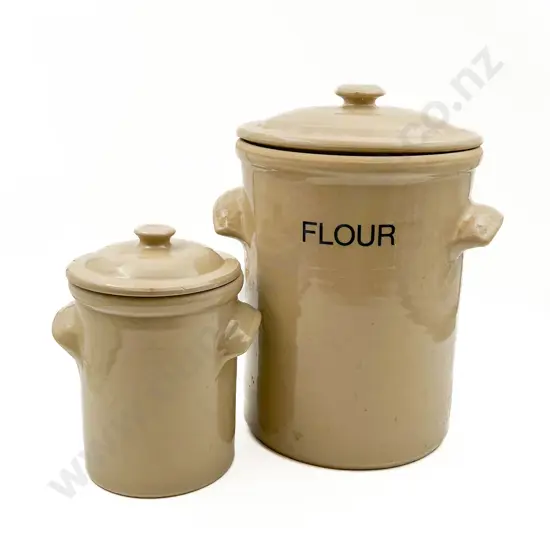 Two Lidded Stoneware Kitchen Crocks