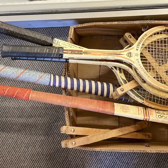 Box of Assorted Tennis Racquets and Hockey Sticks