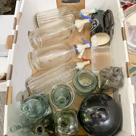 Qty of Assorted Vintage Soda Syphons and Vintage Glass Bottles