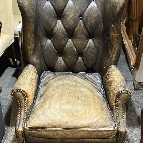 Gentlemans Distressed Leather Wing Back Library Chair