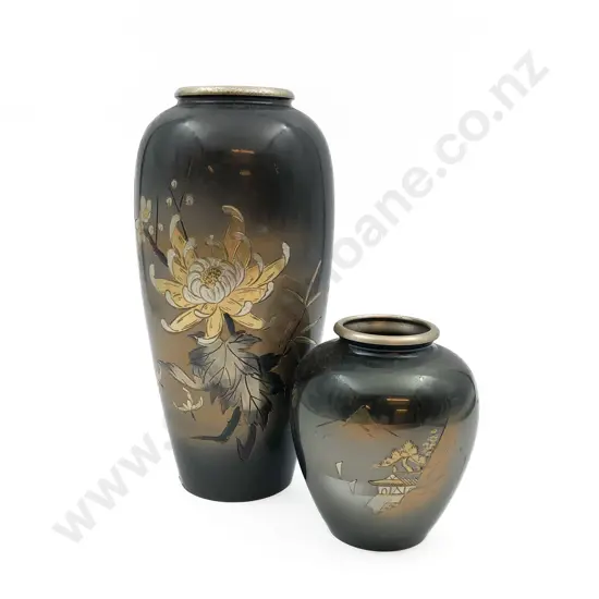 Two Floral Decorated Metal Vases
