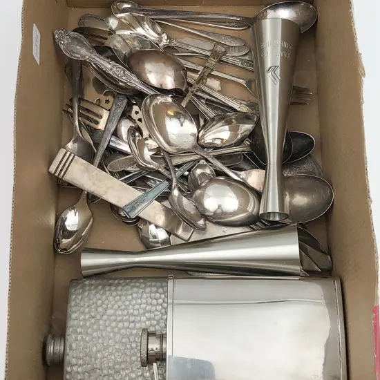 Small Box of Assorted Cutlery and Hip Flasks etc