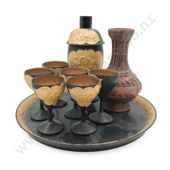 Lacquered and Gilt Decorated Decanter and Goblets on Matching Tray and other