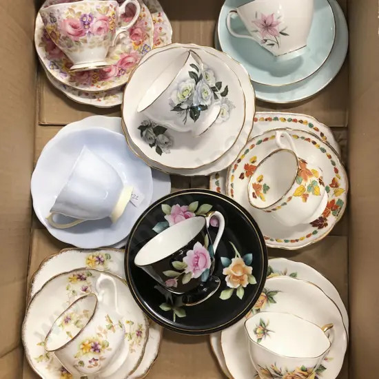 Box of Assorted Fancy China Trios including Royal Albert
