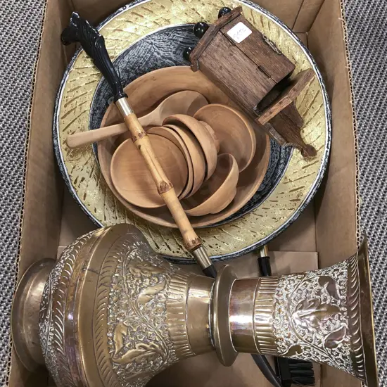 Box of Assorted Including Brass Vase and Woodware