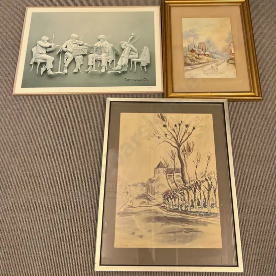 Framed Watercolour together with Two Prints