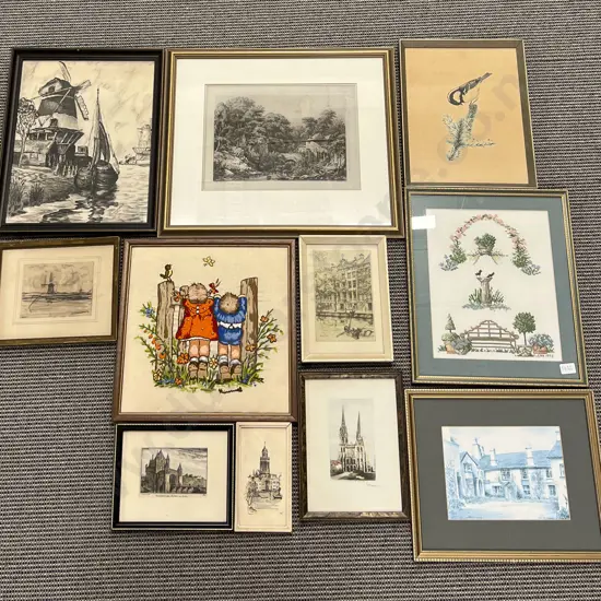 Box of Assorted Framed Works incl 'Hummel' Needlework
