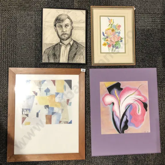Three Framed Works and One Loose incl Floral Studies