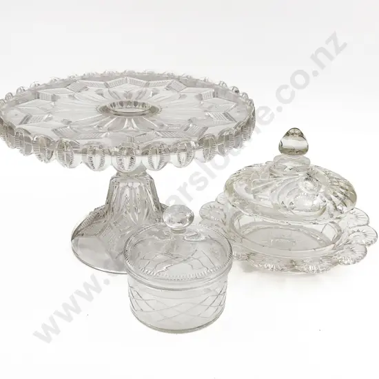 Pressed Glass Cake Plate with Two Lidded Bowls
