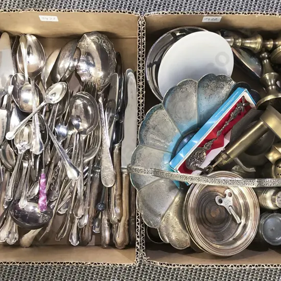 Two Boxes of Assorted S/P and Brassware incl Cutlery