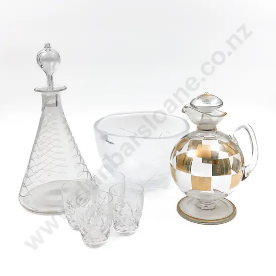 Kosta Boda Bowl with Two Vintage Decanters & Four Stuart Crystal Glasses