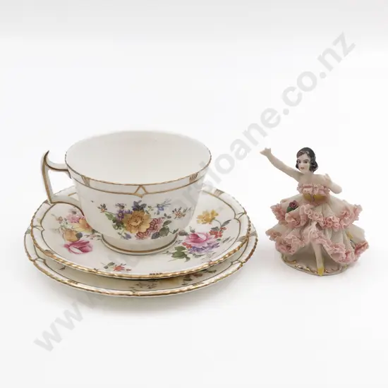 RCD Floral China Trio & Dresden Figurine