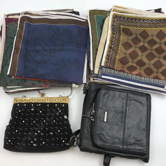 Box of Assorted Vintage Scarves & Two Ladies Bags