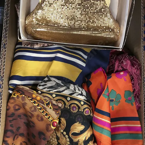 Box of Assorted Vintage Scarves & Napkins & Oroton Bag
