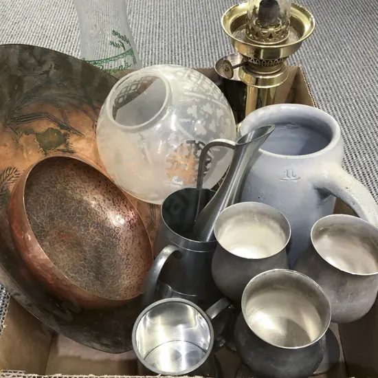 Box of Assorted Metalware incl Kerosene Lamp