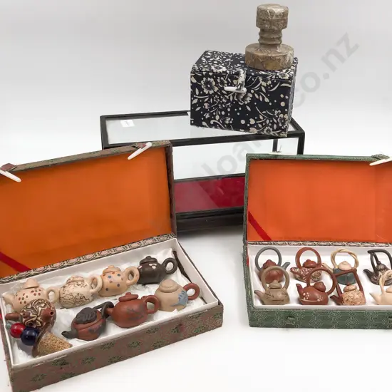 Quantity of Assorted incl Boxed Miniature Teapots Small Glass Display & Hardstone Seal