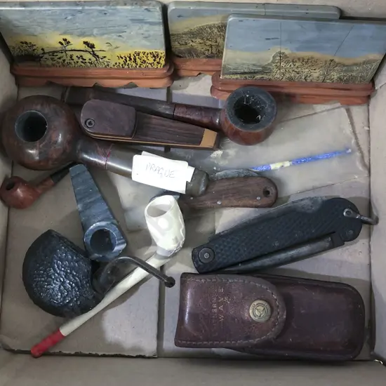 Box of Assorted Pipes & Knives etc