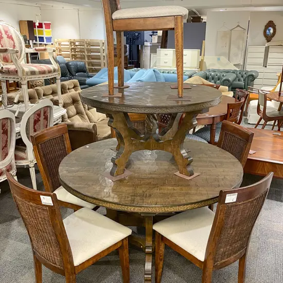 Adzed Circular Dining Table & Six Rattan Backed Chairs with Matching Coffee Table