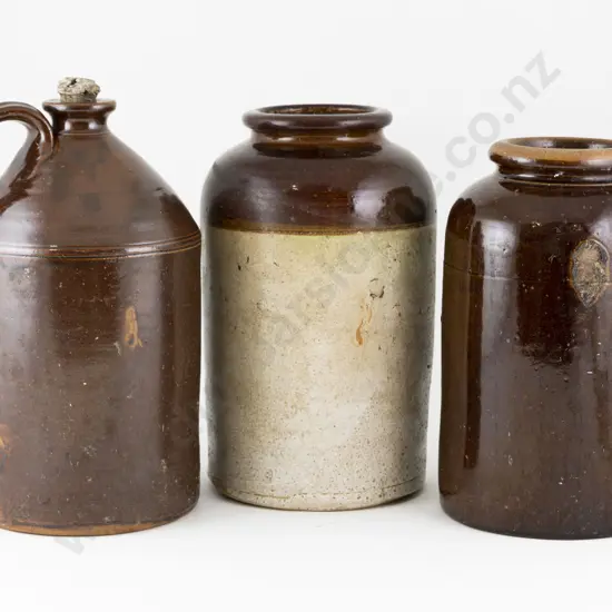 Luke Adams Vinegar Flagon and Two Crocks