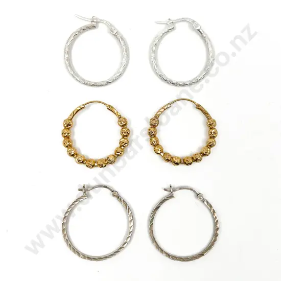 Pair 14ct Beaded Hoop Earrings and Two Pair S/S Hoop Earrings