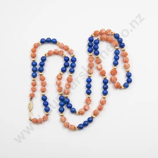 Single Carved Coral and Lapis Lazuli Bead Necklace