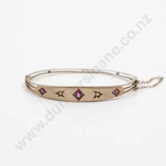 Victorian 9ct Five Stone Ruby and Diamond Hinged Snap Bangle