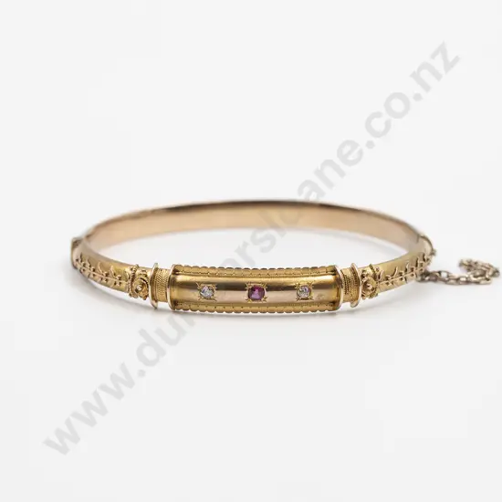 Edwardian 9ct Three Stone Ruby & Diamond Hinged Snap Bangle