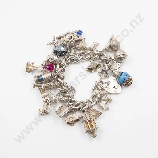 Heavy S/S Curb Link Charm Bracelet with 23 Charms Attached