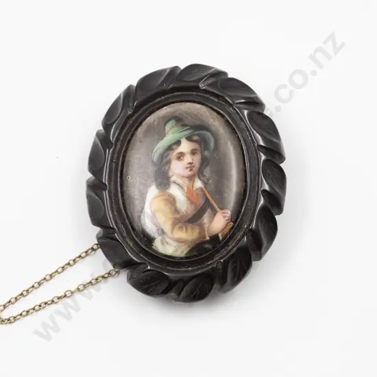 Victorian Brooch Whitby Jet Painted Porcelain Tyrolean Boy