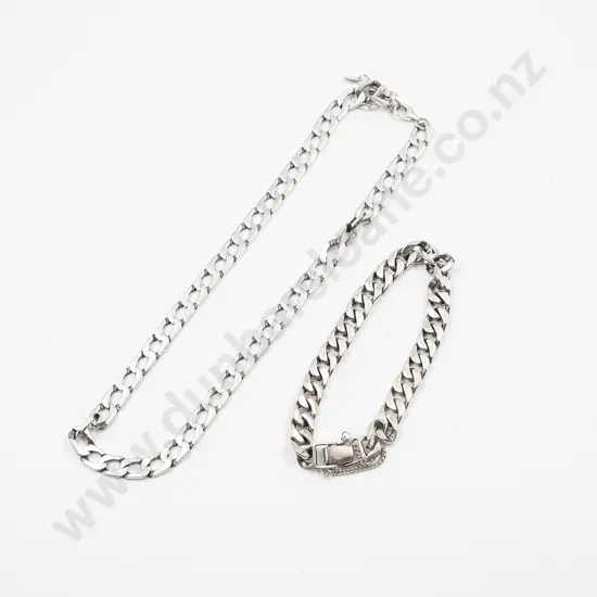 As New .925 Silver Modern Flat Curb Link Neck Chain and Bracelet