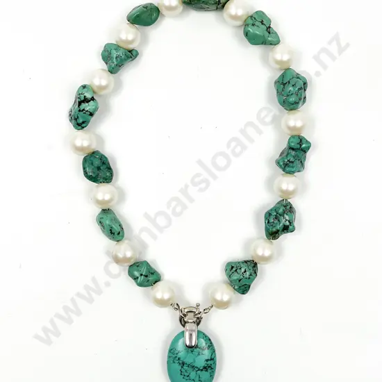 Large Single Strand Turquoise Nugget and Imitation Pearl Necklace
