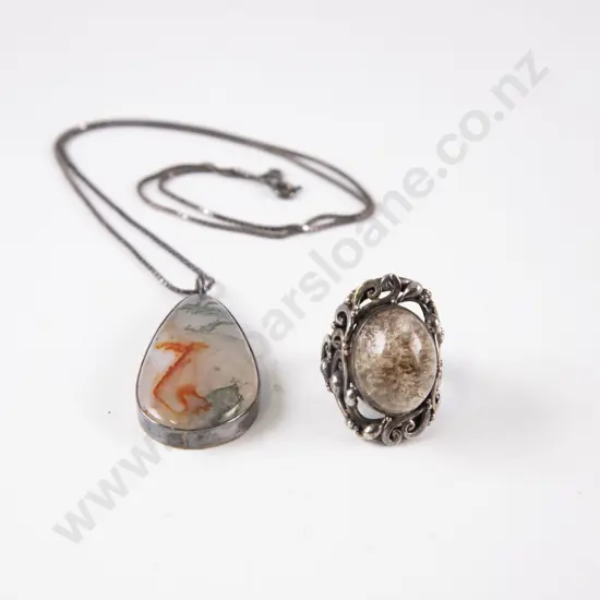 .925 Magnified Moss Ring and Moss Agate Pendant