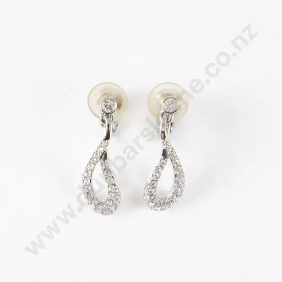 Pair Swarovski White Metal and Crystal Loop Pendant Earrings