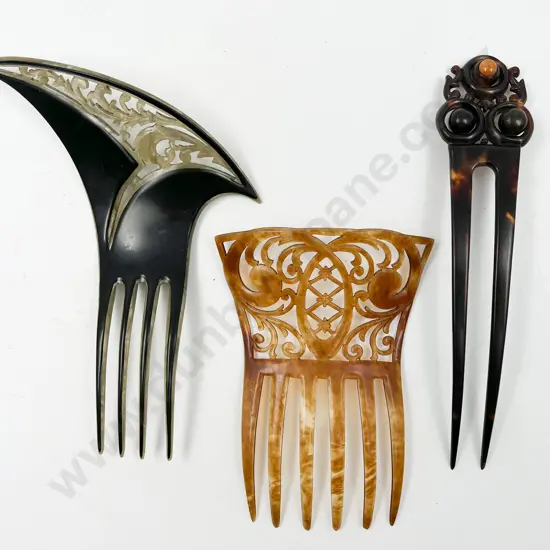 Three Early C20th Celluloid-Tortoise Shell and Plastic Hair Combs