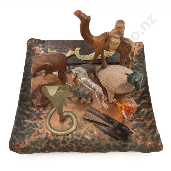 Assortment of Brass and Wooden Animals on Copper Tray