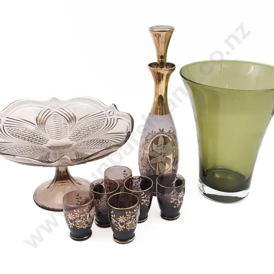 Liqueur Set with Pressed Glass Cake Plate and Vase