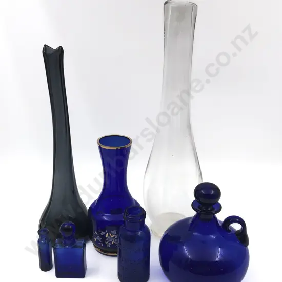 Quantity of Blue Glass and Two Handblown Vases