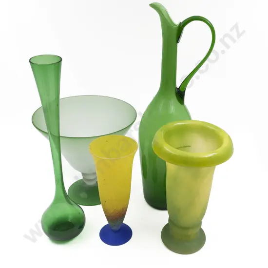 Five Various Green Glass Vases