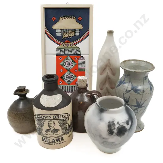 Six Pottery Vessels with Framed Tiles
