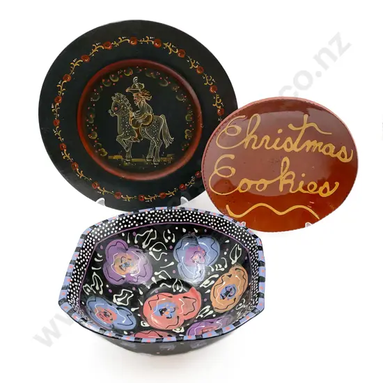 Two Pottery Bowls and Wooden Charger