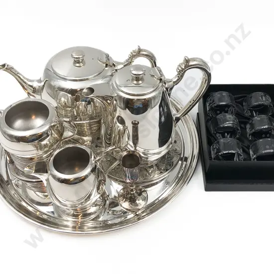 S/P Tea Set on Tray with Set of Crystal Napkin Rings etc.