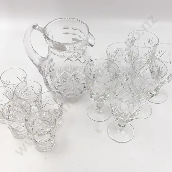 Six Crystal Wine Glasses Water Jug and Six Small Tumblers