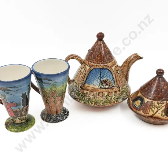 Anne Bowling 'Catnip Cottage' Tea Pot Sugar Basin and Two Mugs