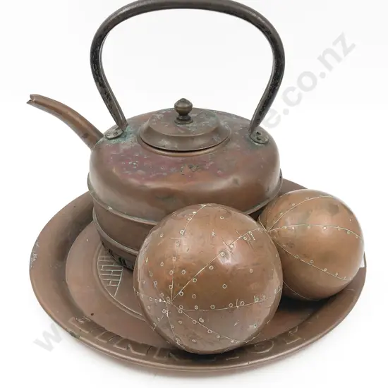 Vintage Copper Johnny Walker Tray with Copper Kettle and Other (4)