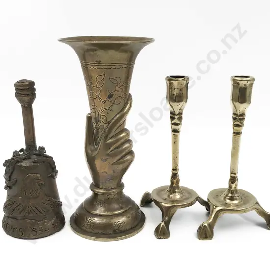 Brass Vase Pair of Candlesticks and Bronze Bell