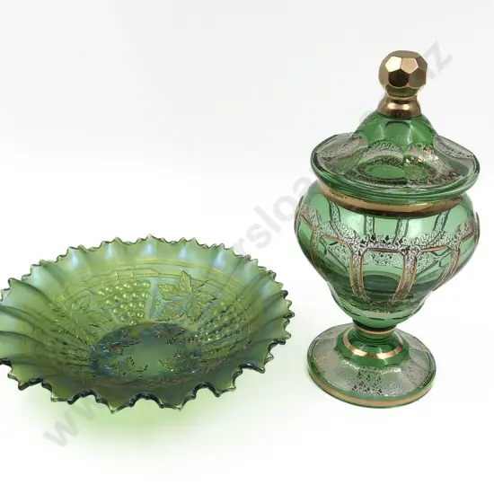 Carnival Glass Bowl and Green Venetian Lidded Jar