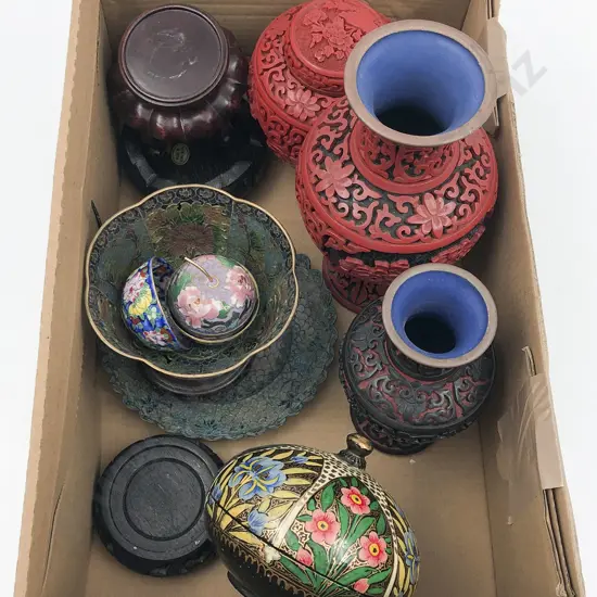 Small Box of Cinnabar Vases and Other Decorative Items