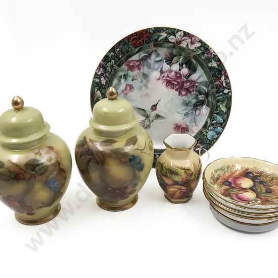 Two Hand Painted Lidded Urns with Aynsley Vase Dishes etc.