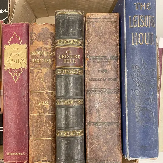 Box of Assorted Vintage Bound Magazine Volumes Including The Leisure Hour